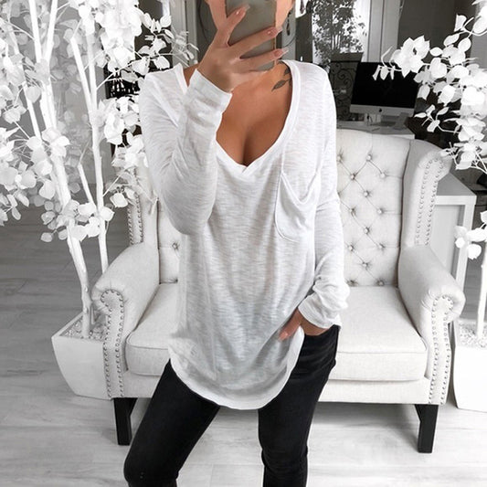 sexy t-shirt women 2022 fashion solid color deep long sleeve top