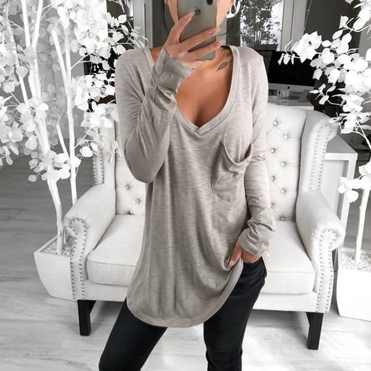 sexy t-shirt women 2022 fashion solid color deep long sleeve top