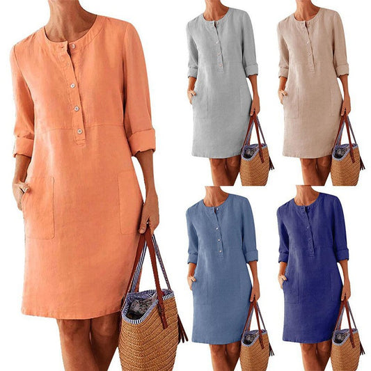 women dress solid color pocket summer round neck long sleeve buttons dresses