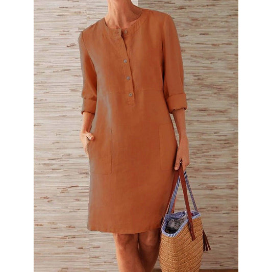 women dress solid color pocket summer round neck long sleeve buttons dresses