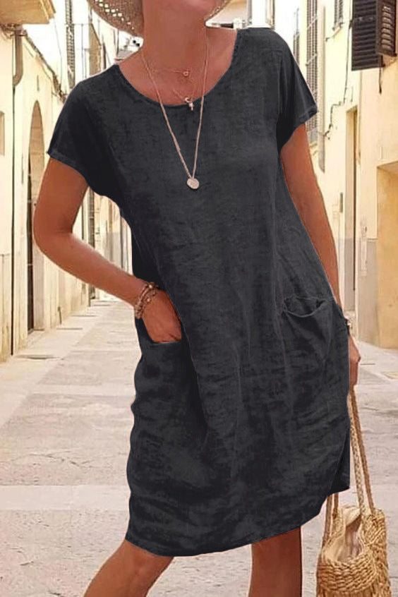 New summer loose pure color pocket cotton and linen dress with round collar