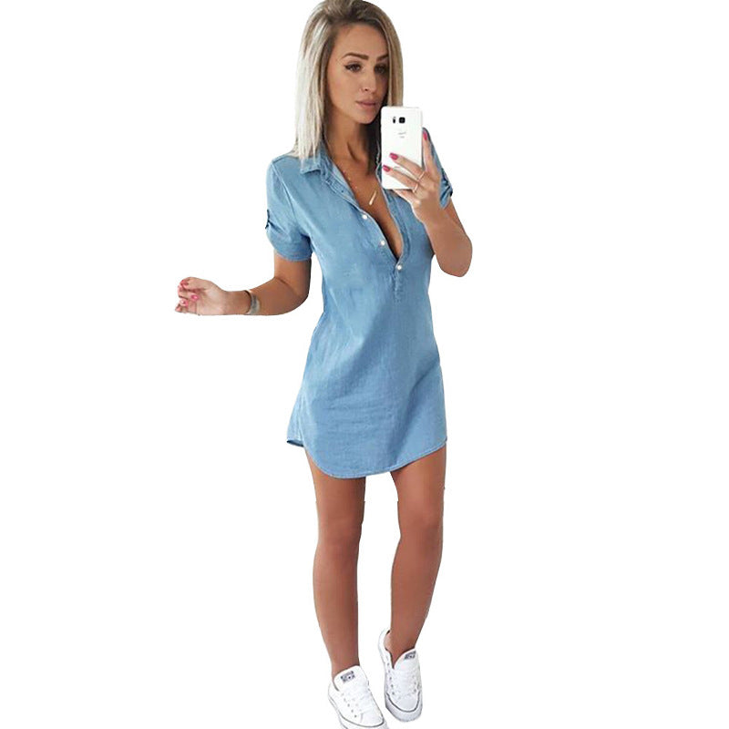 new hot sale fashion women ladies short sleeve loose summer denim casual shirt tops