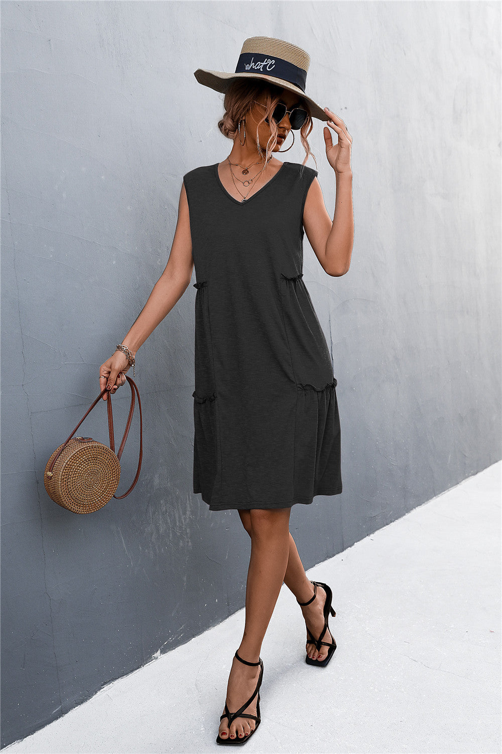 sexy lady casual solid sleeveless sling a line loose dress