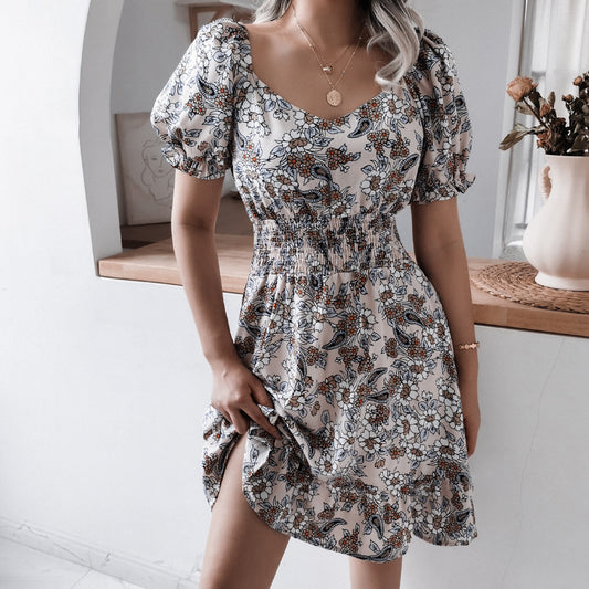 2022 summer women 's clothing high waist floral print ruffle dress