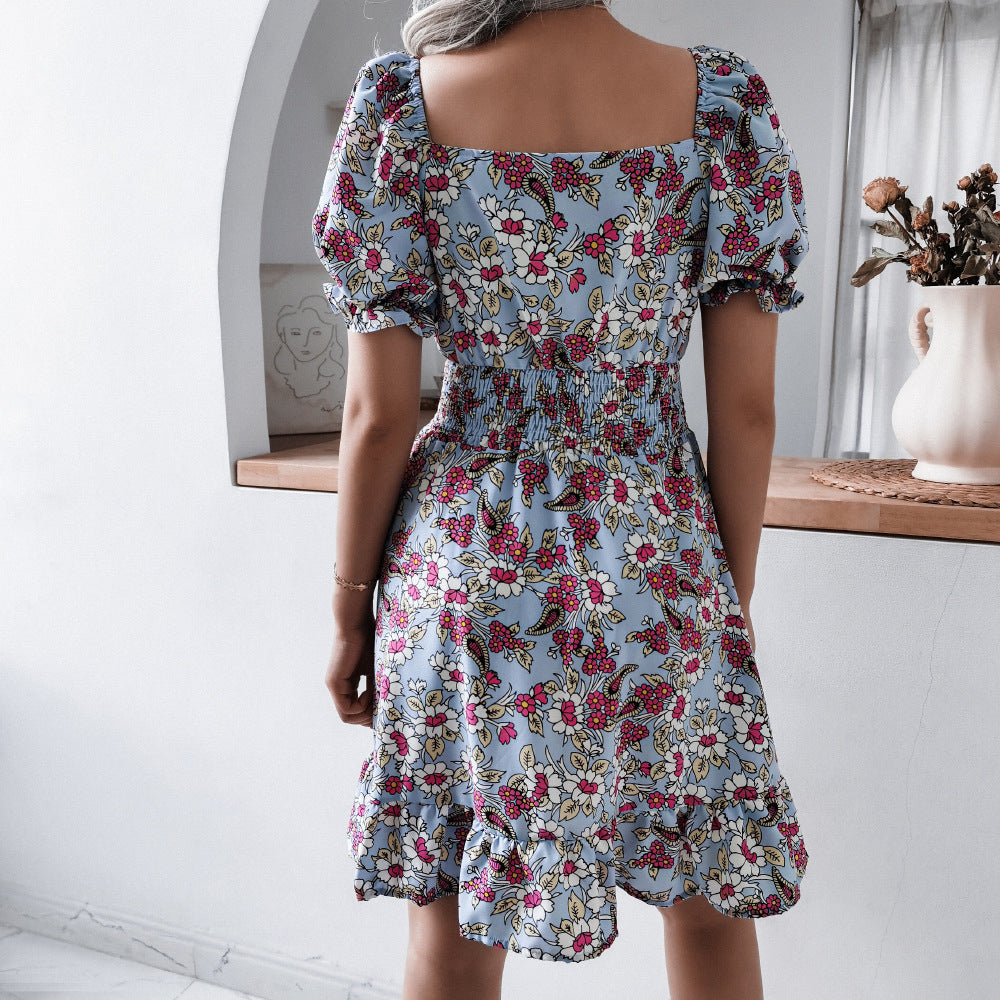 2022 summer women 's clothing high waist floral print ruffle dress