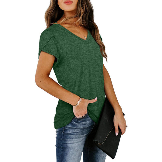 new fashion v-neck petal sleeve solid colortops