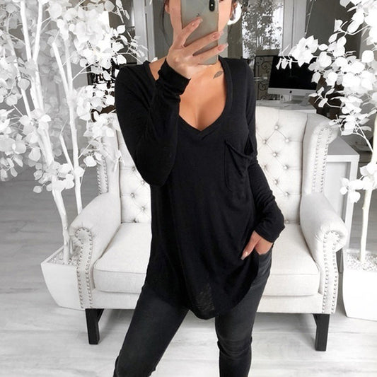sexy t-shirt women 2022 fashion solid color deep long sleeve top