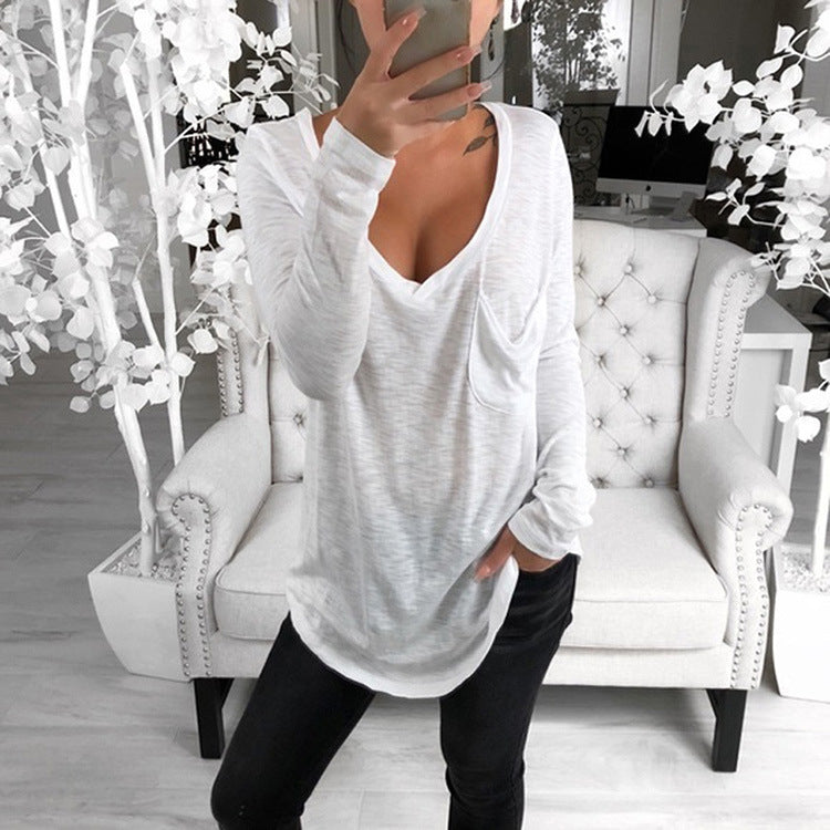 sexy t-shirt women 2022 fashion solid color deep long sleeve top