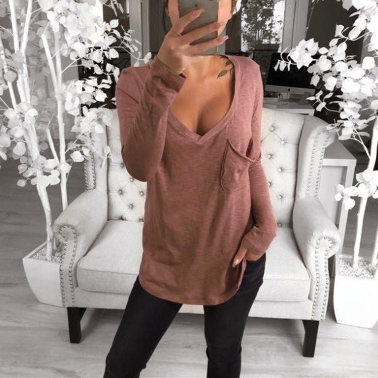 sexy t-shirt women 2022 fashion solid color deep long sleeve top