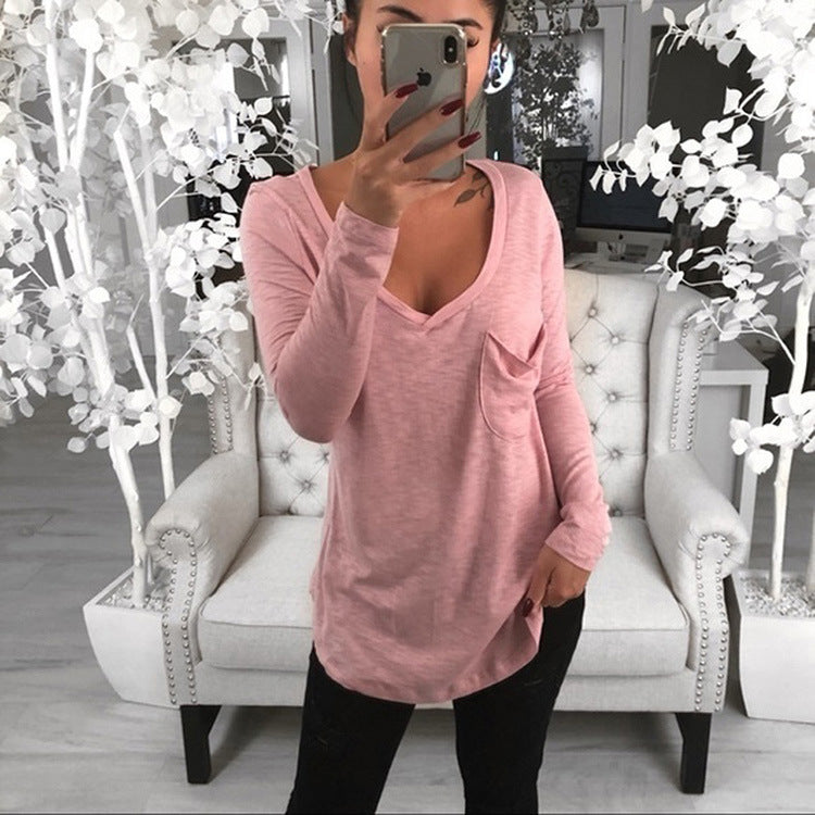 sexy t-shirt women 2022 fashion solid color deep long sleeve top