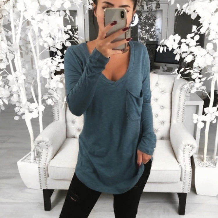 sexy t-shirt women 2022 fashion solid color deep long sleeve top