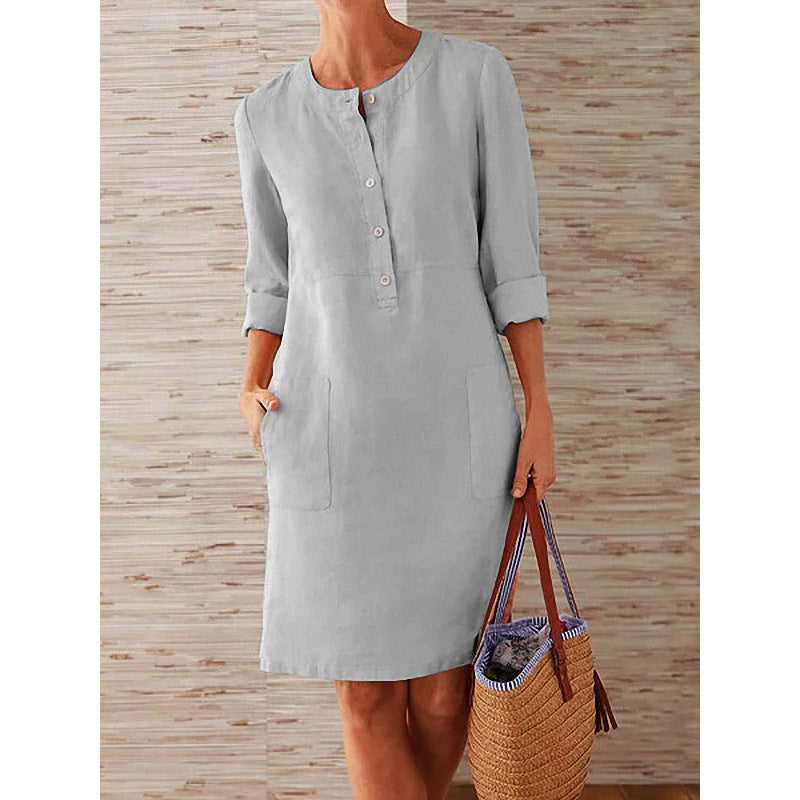 women dress solid color pocket summer round neck long sleeve buttons dresses