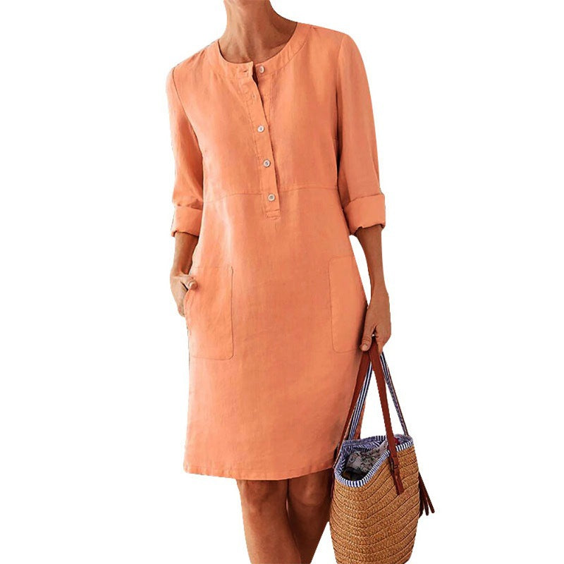 women dress solid color pocket summer round neck long sleeve buttons dresses