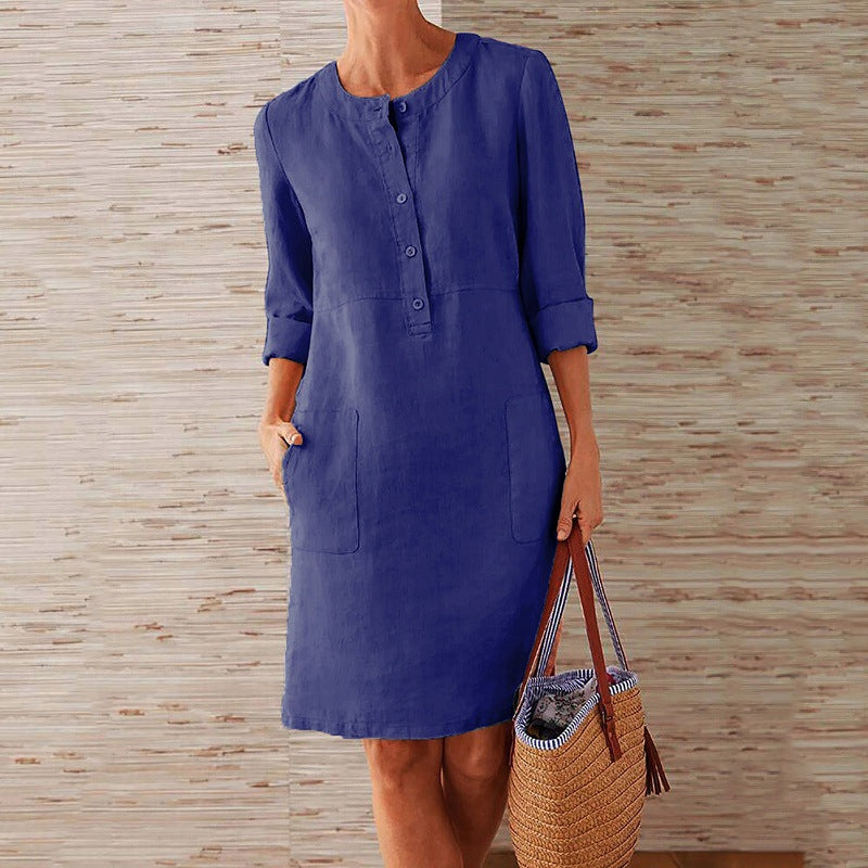 women dress solid color pocket summer round neck long sleeve buttons dresses