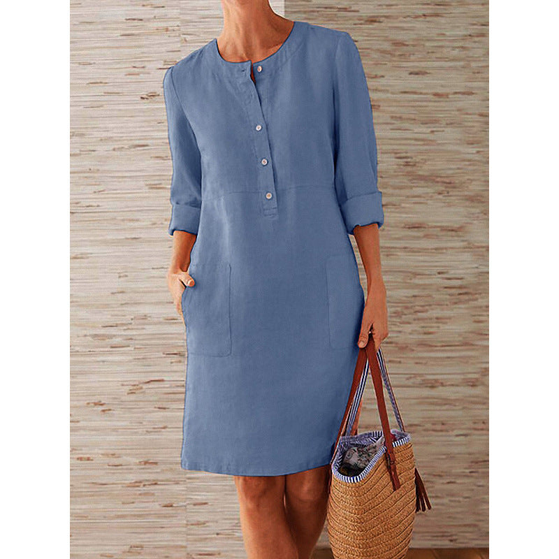 women dress solid color pocket summer round neck long sleeve buttons dresses