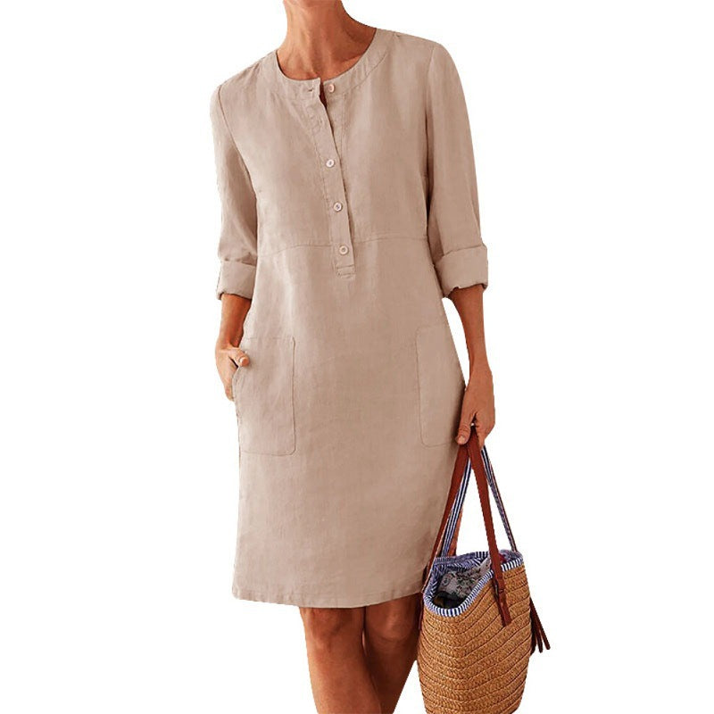 women dress solid color pocket summer round neck long sleeve buttons dresses