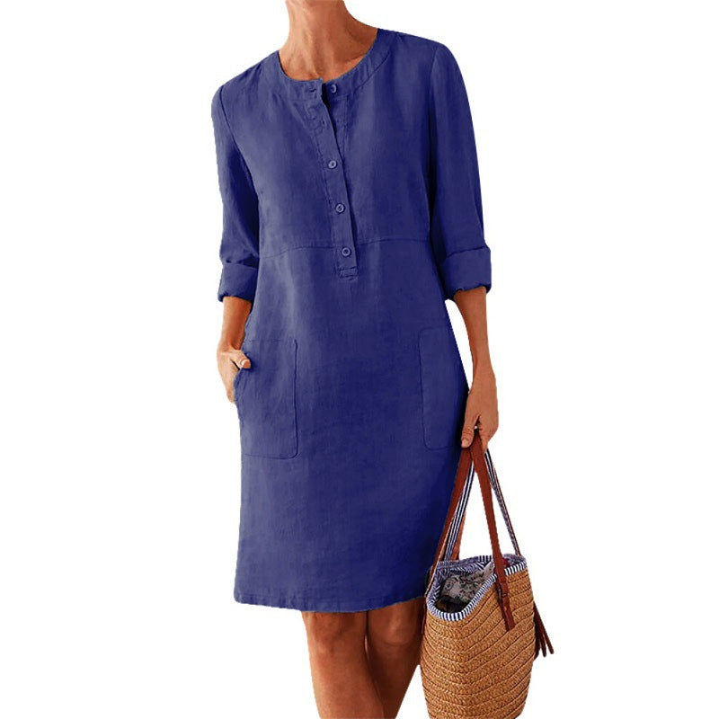 women dress solid color pocket summer round neck long sleeve buttons dresses