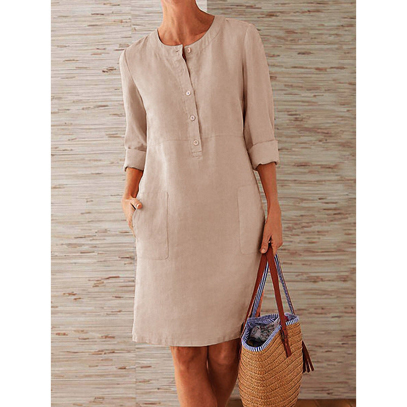 women dress solid color pocket summer round neck long sleeve buttons dresses