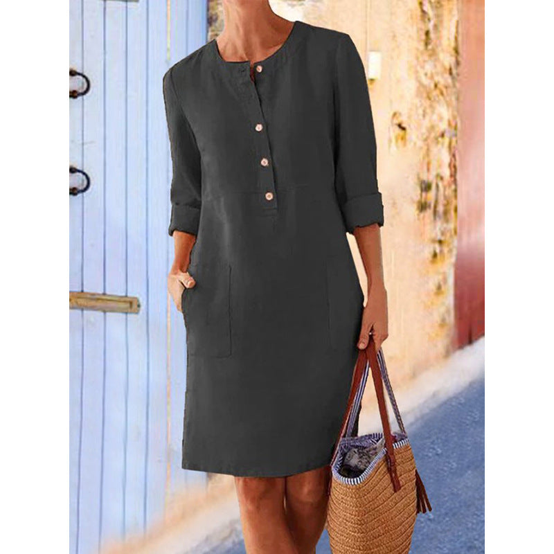 women dress solid color pocket summer round neck long sleeve buttons dresses