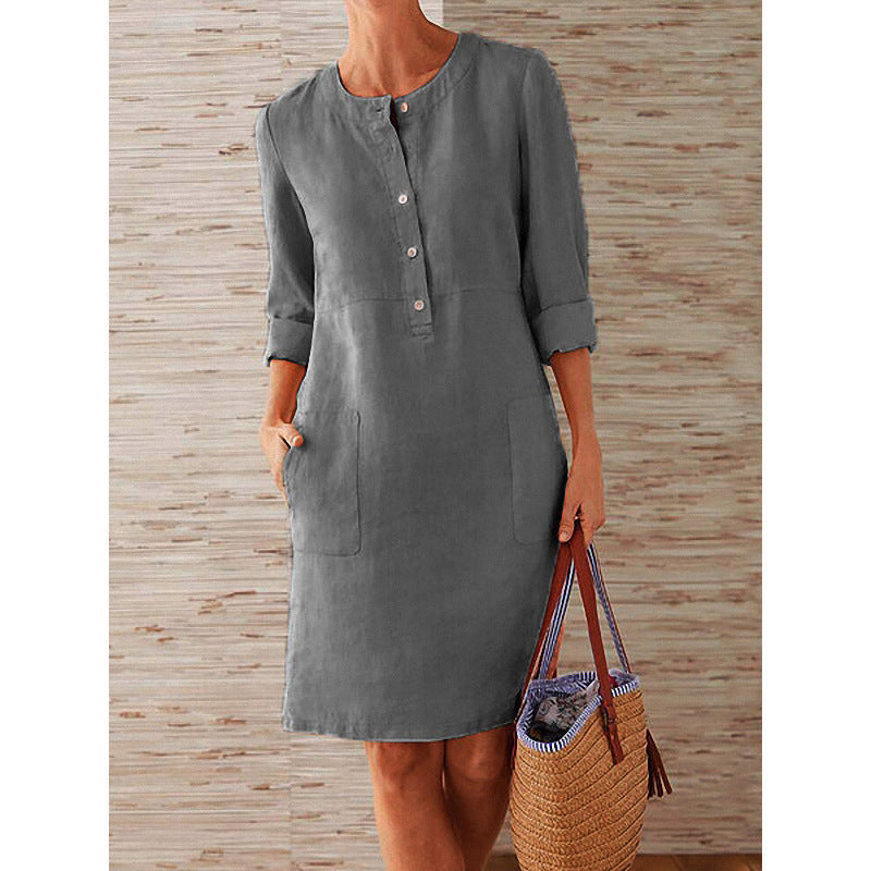 women dress solid color pocket summer round neck long sleeve buttons dresses