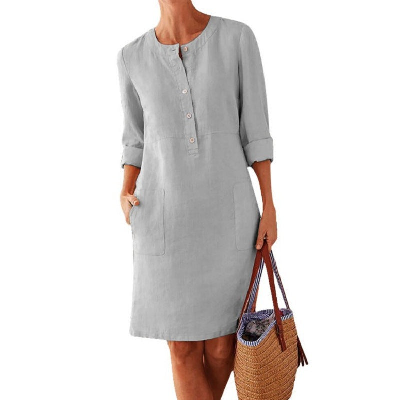 women dress solid color pocket summer round neck long sleeve buttons dresses