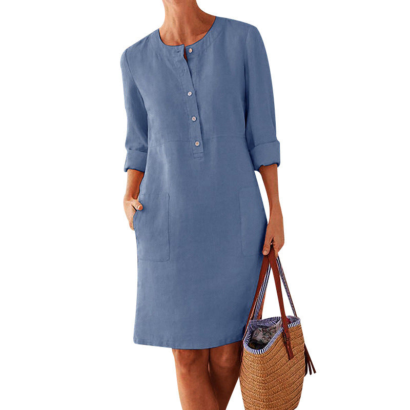 women dress solid color pocket summer round neck long sleeve buttons dresses