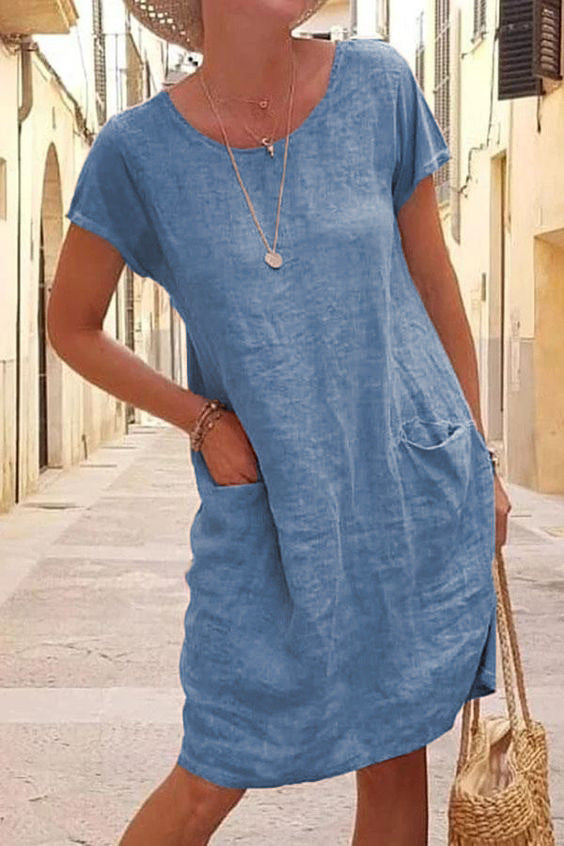 New summer loose pure color pocket cotton and linen dress with round collar