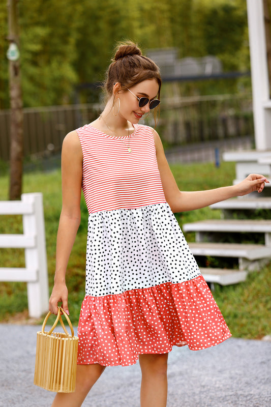summer polka dot check patchwork sun dress