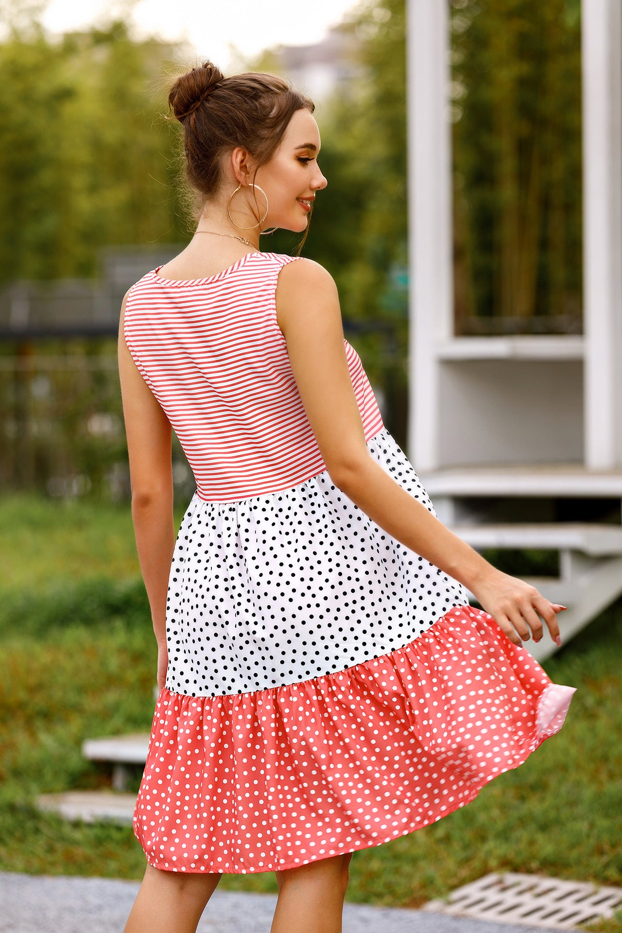 summer polka dot check patchwork sun dress