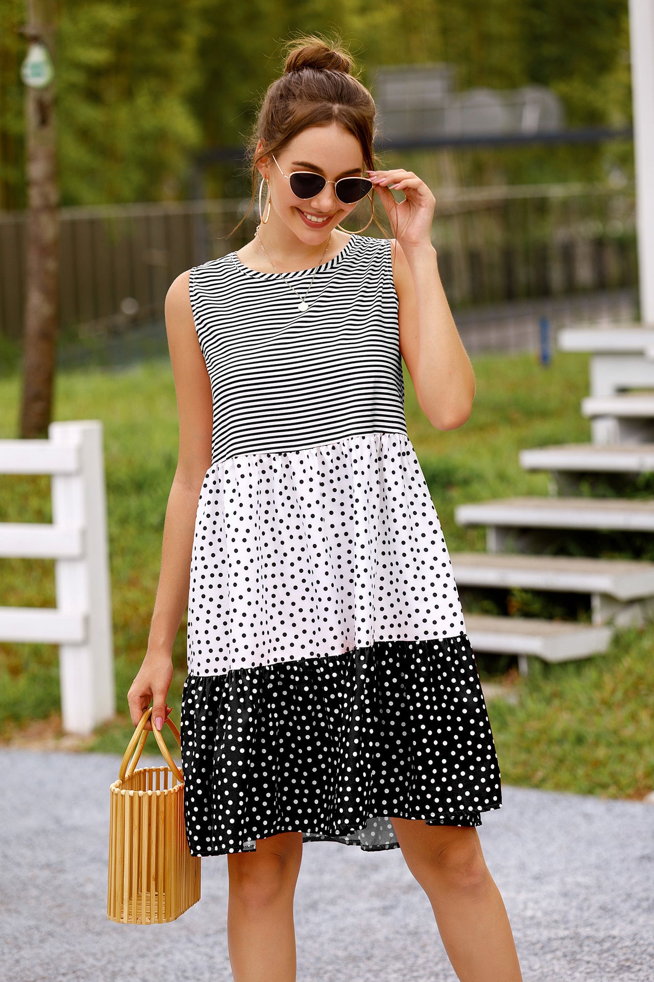 summer polka dot check patchwork sun dress
