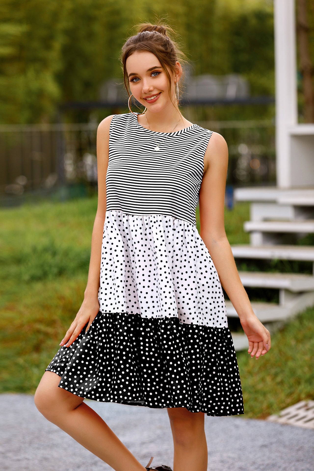 summer polka dot check patchwork sun dress
