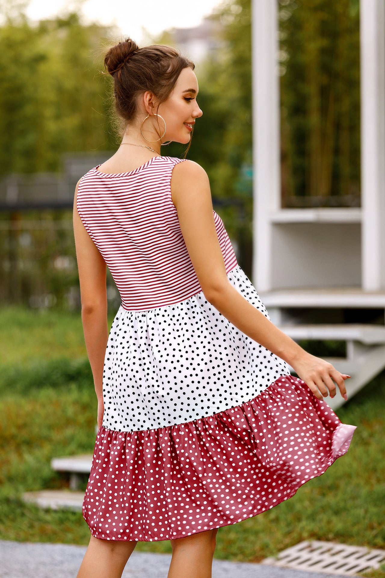 summer polka dot check patchwork sun dress