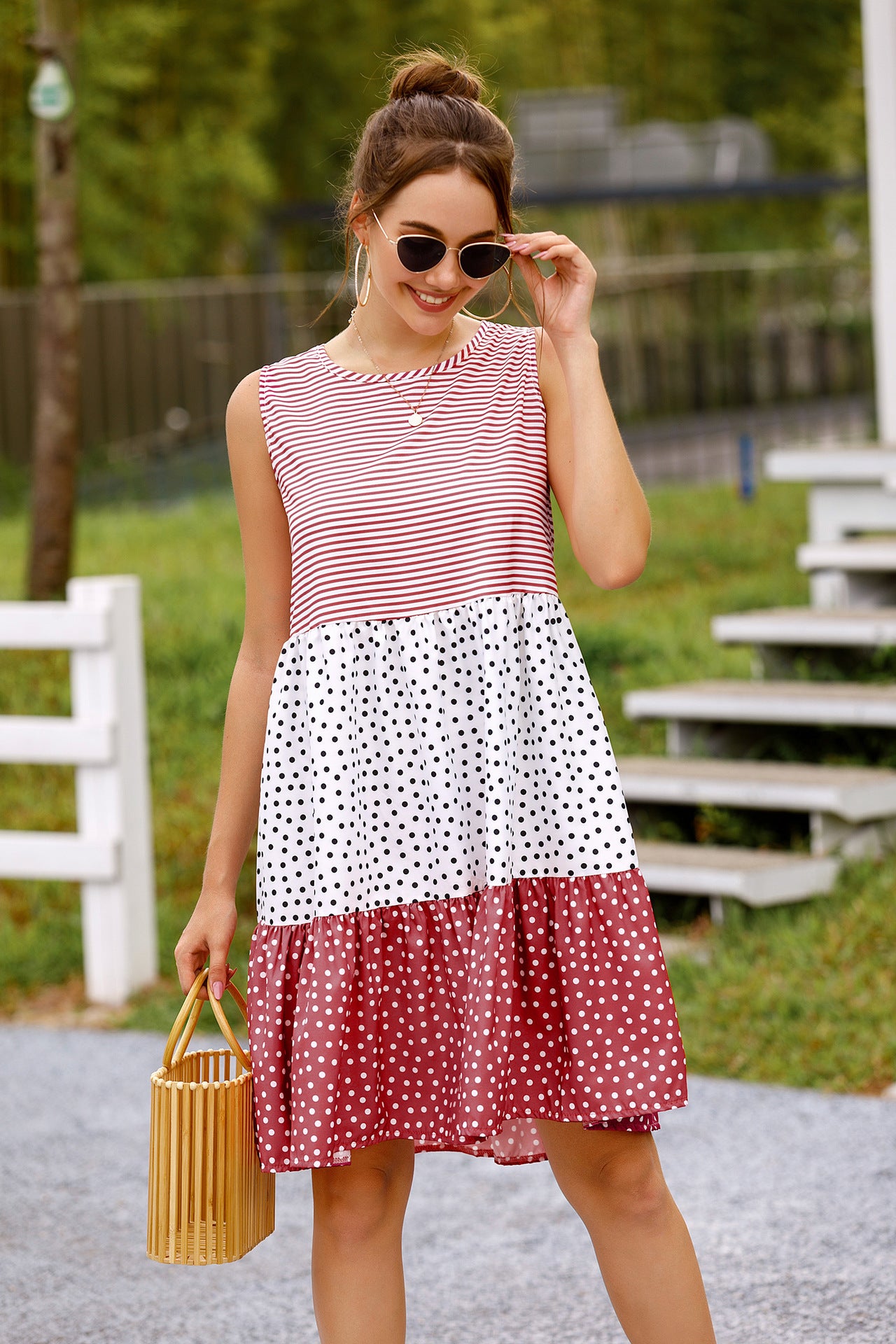 summer polka dot check patchwork sun dress