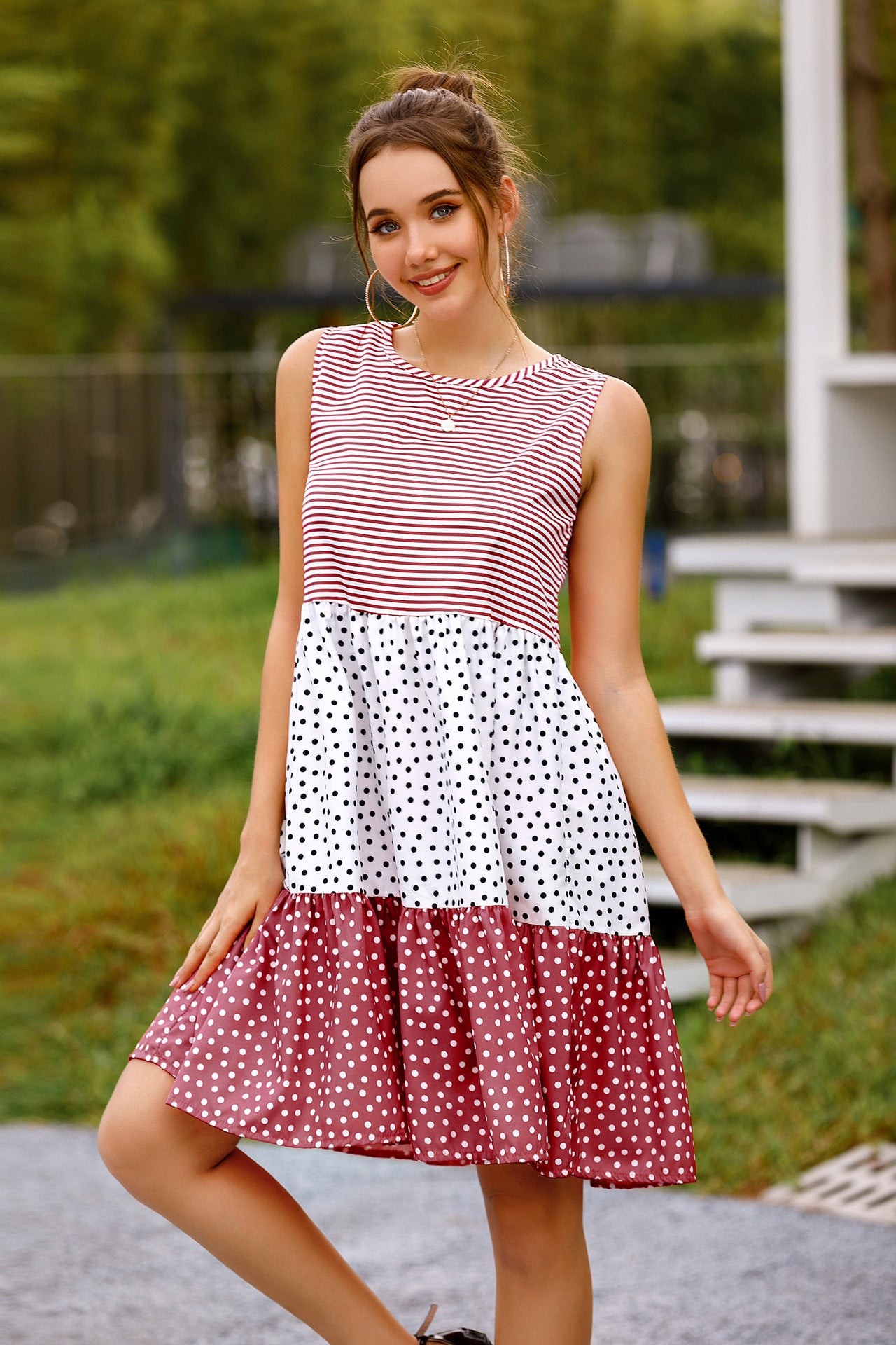 summer polka dot check patchwork sun dress
