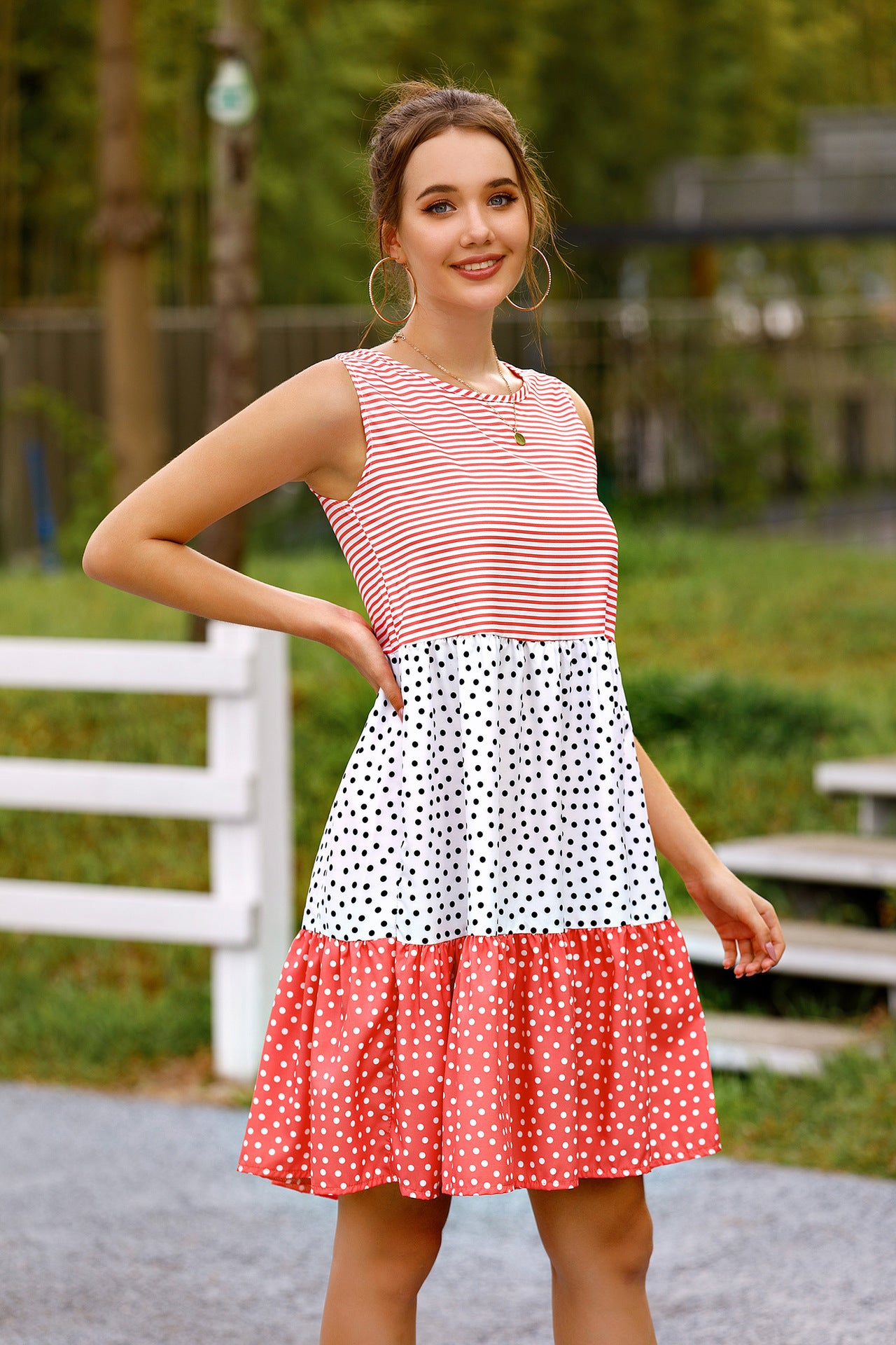 summer polka dot check patchwork sun dress