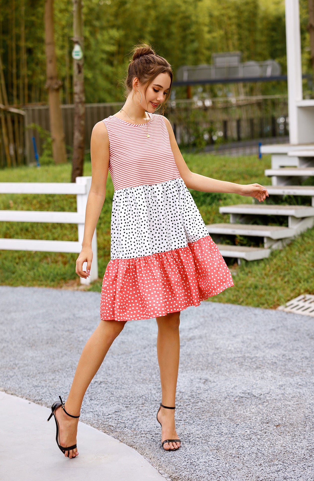 summer polka dot check patchwork sun dress