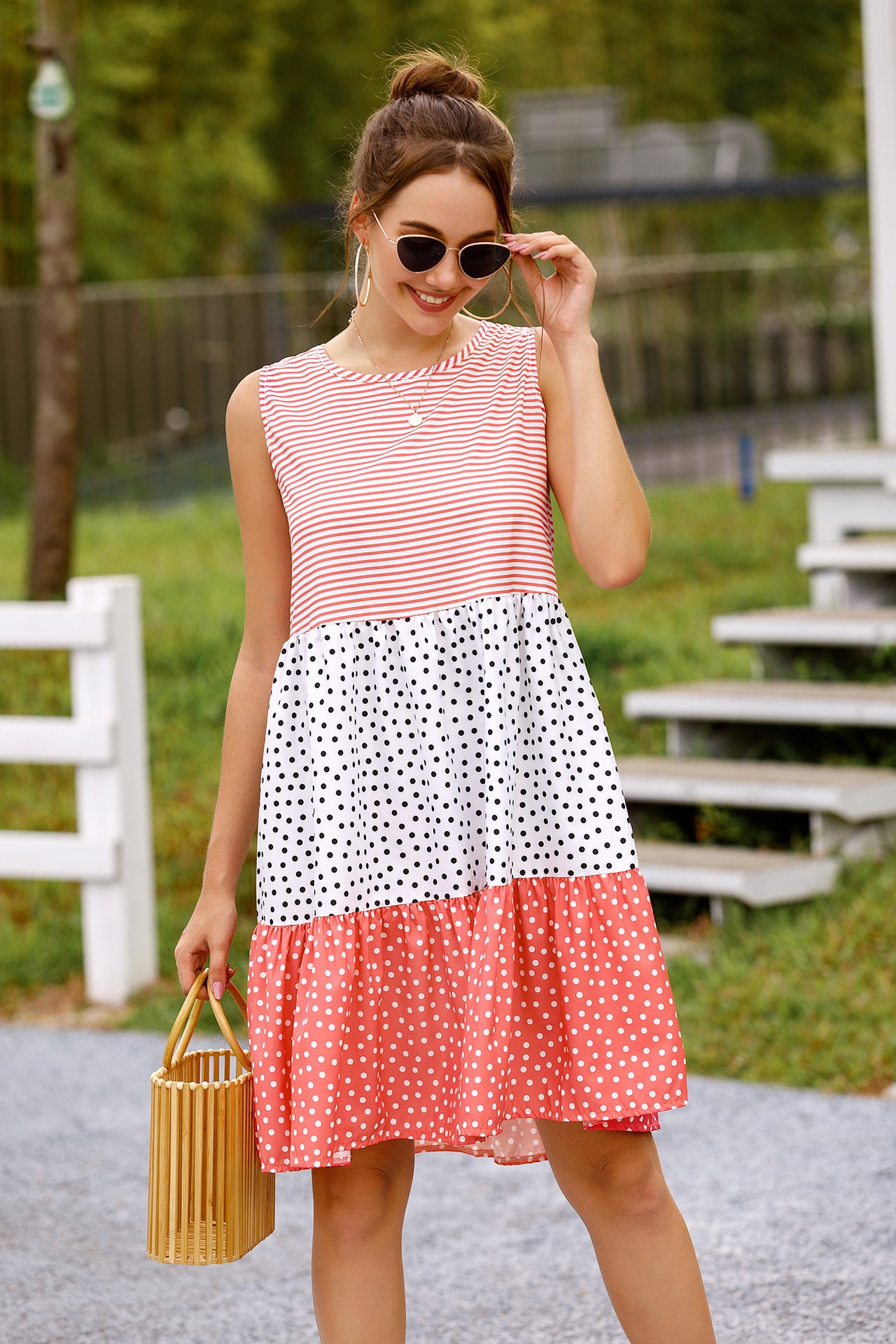 summer polka dot check patchwork sun dress