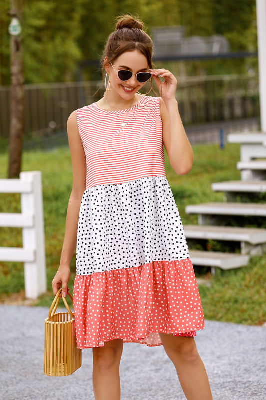 summer polka dot check patchwork sun dress