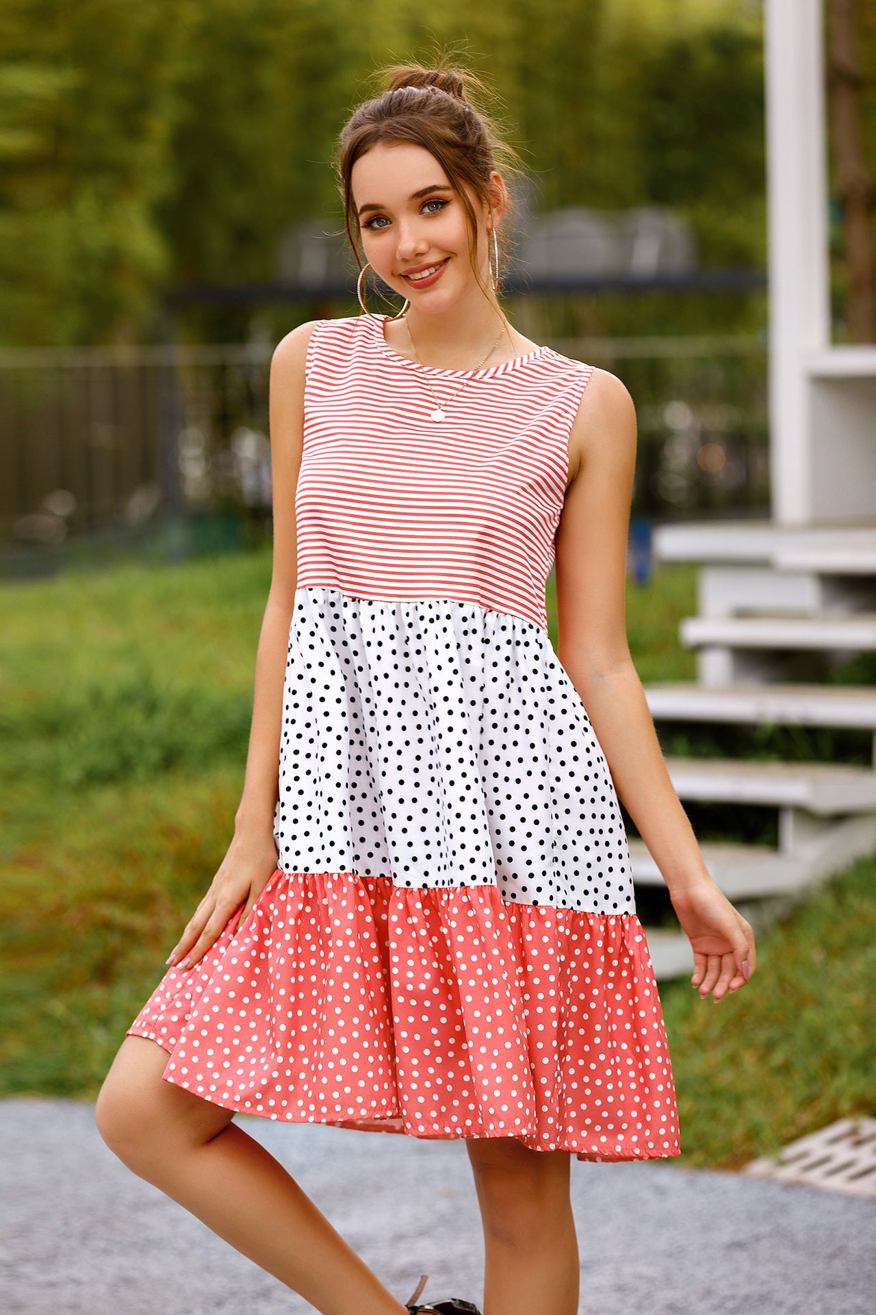 summer polka dot check patchwork sun dress