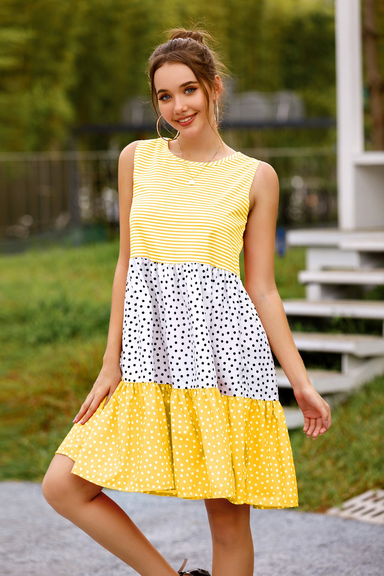 summer polka dot check patchwork sun dress
