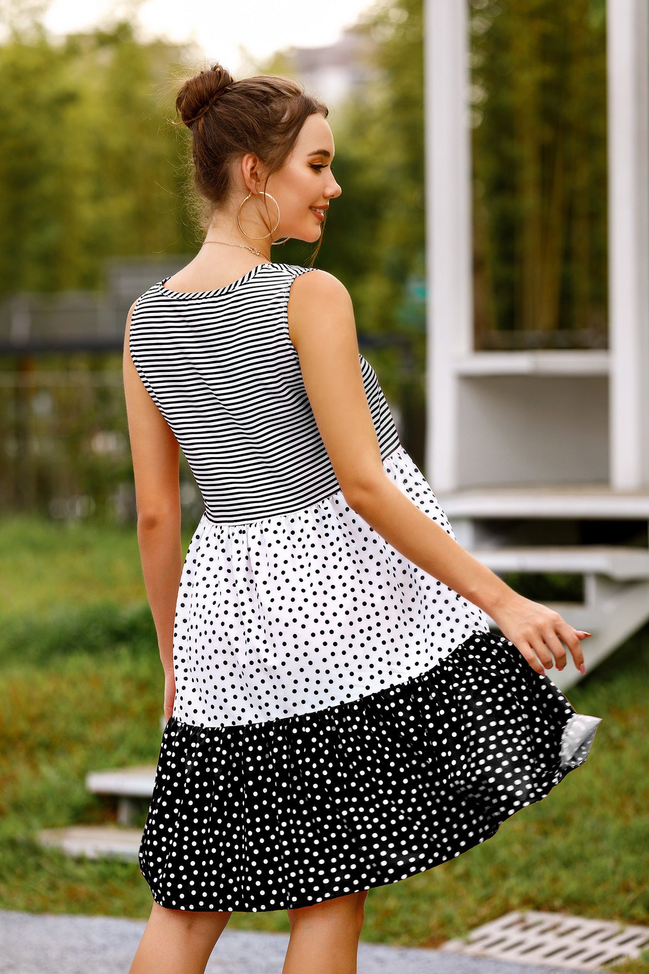 summer polka dot check patchwork sun dress