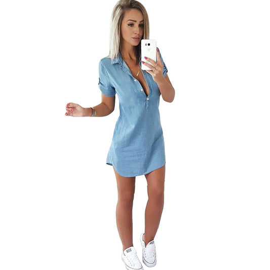 new hot sale fashion women ladies short sleeve loose summer denim casual shirt tops