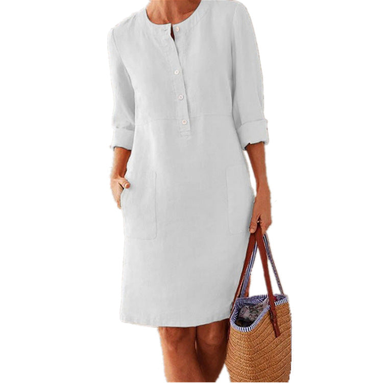 women dress solid color pocket summer round neck long sleeve buttons dresses