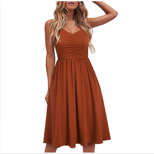 women fashion solid color sleeveless v-neck dresses