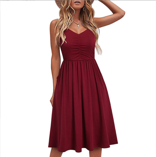women fashion solid color sleeveless v-neck dresses
