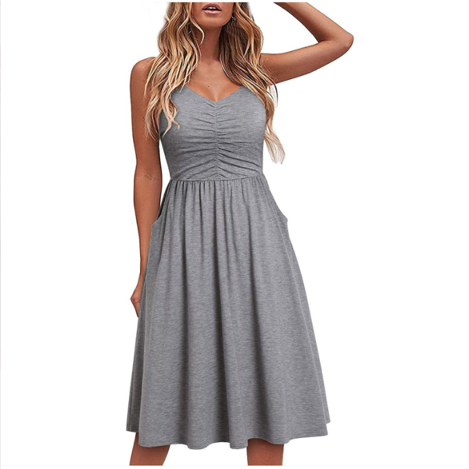 women fashion solid color sleeveless v-neck dresses