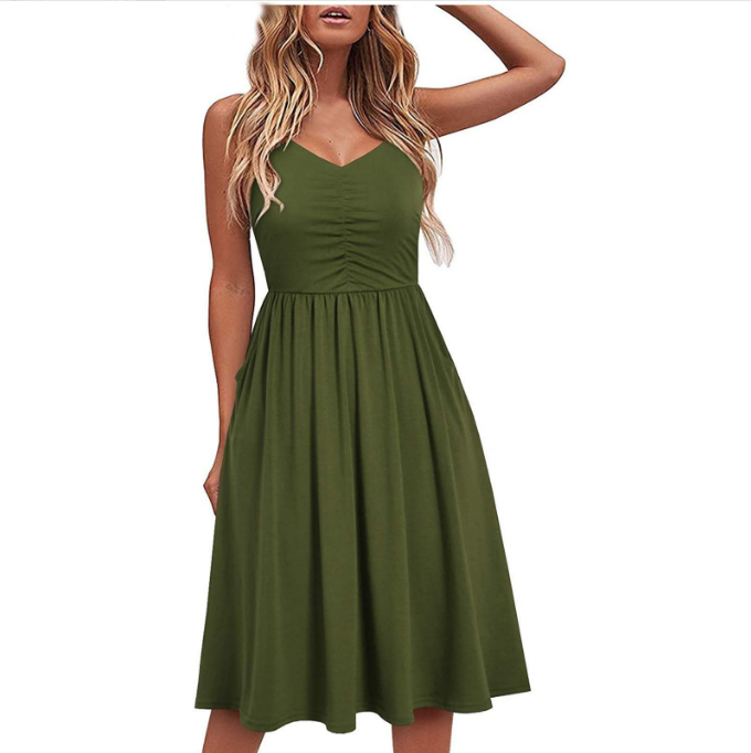 women fashion solid color sleeveless v-neck dresses