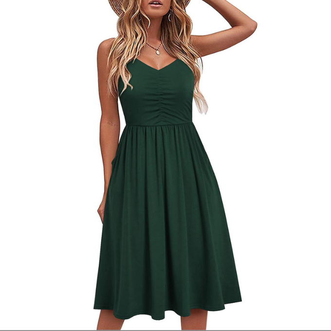 women fashion solid color sleeveless v-neck dresses