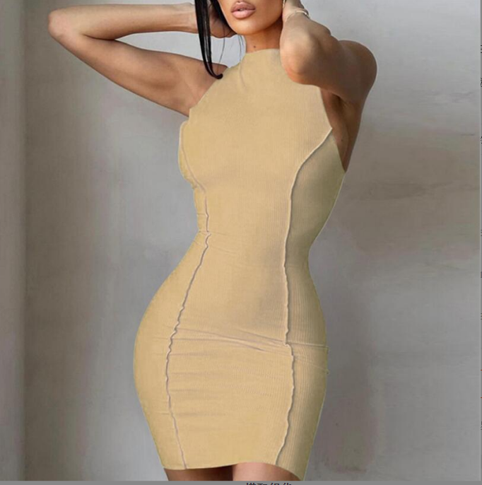 2022 summer new women's round neck  sleeveless solid color fashion slim hip dress