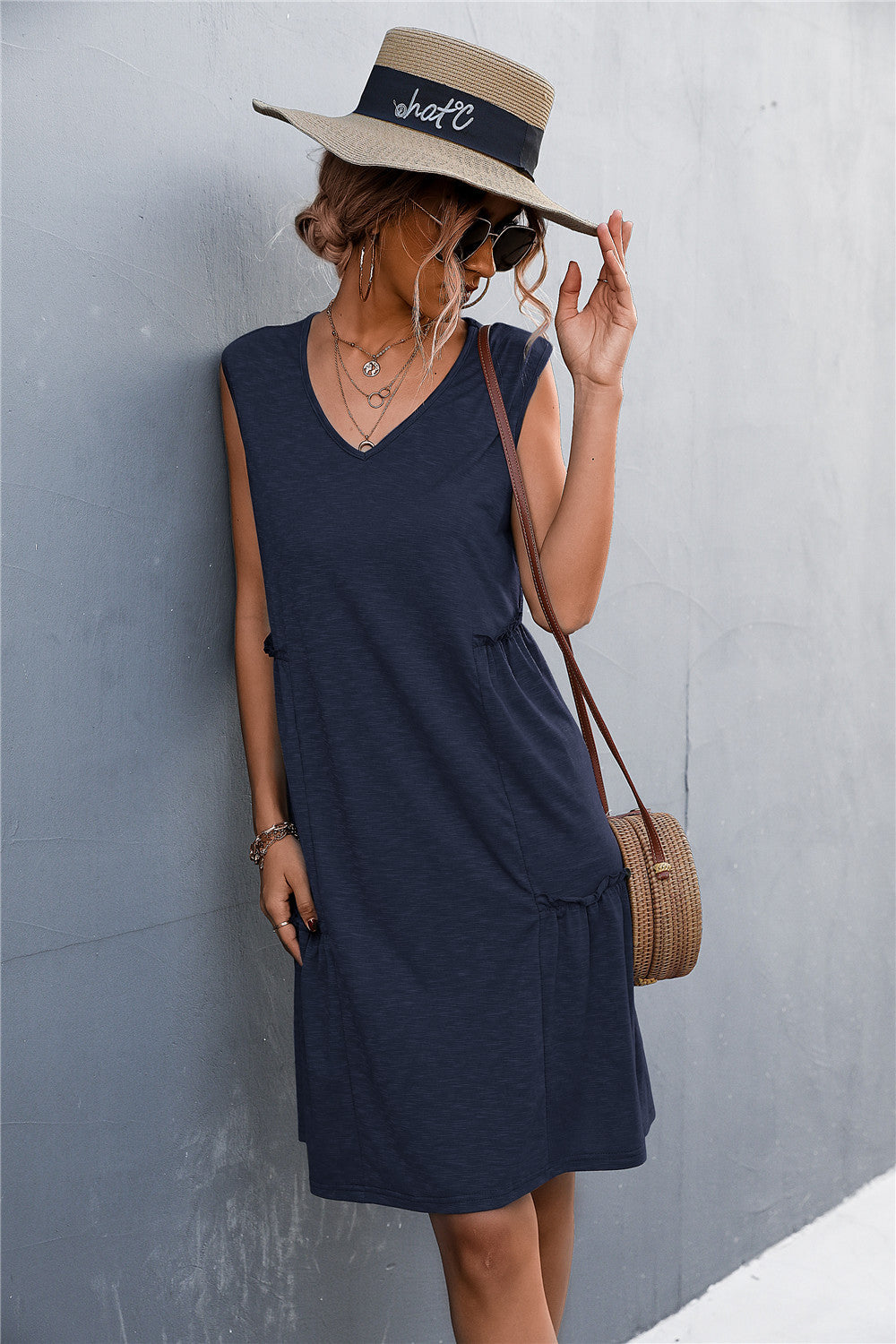 sexy lady casual solid sleeveless sling a line loose dress